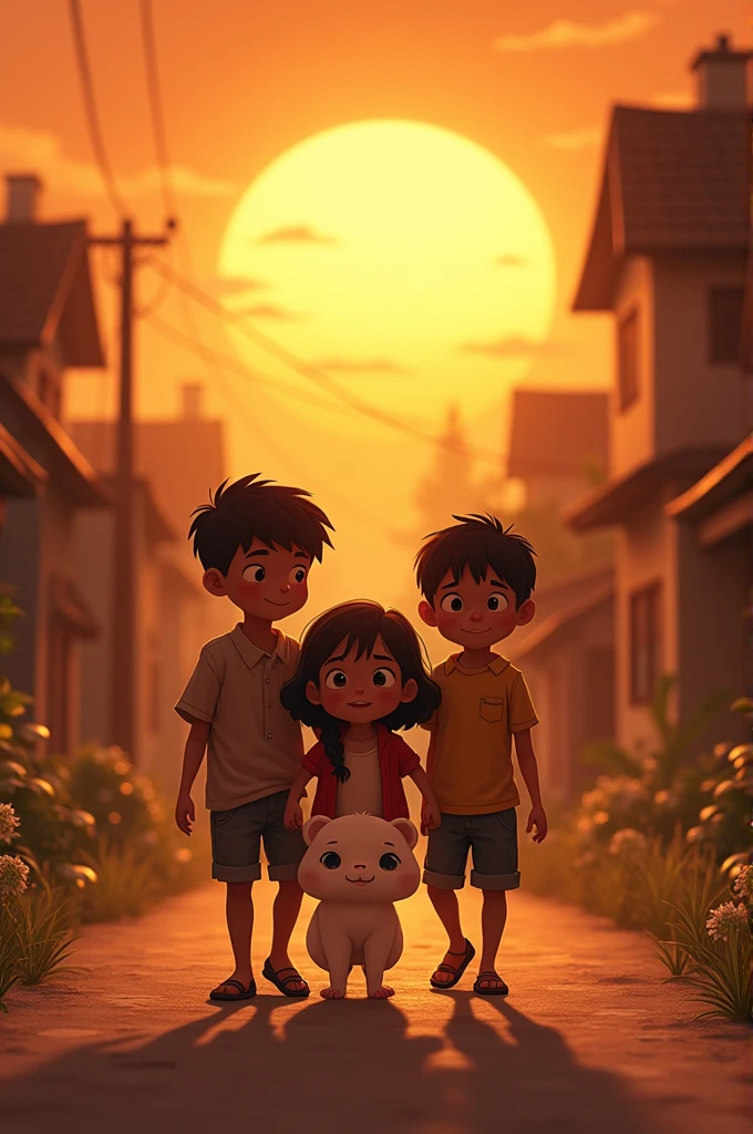 After that day, they always took special care of Chandi and never left her alone.
The three children are walking back to the village with Chandi, closely watching her. The background shows a sunset, symbolizing the end of their adventure and a new beginning in their friendship.
