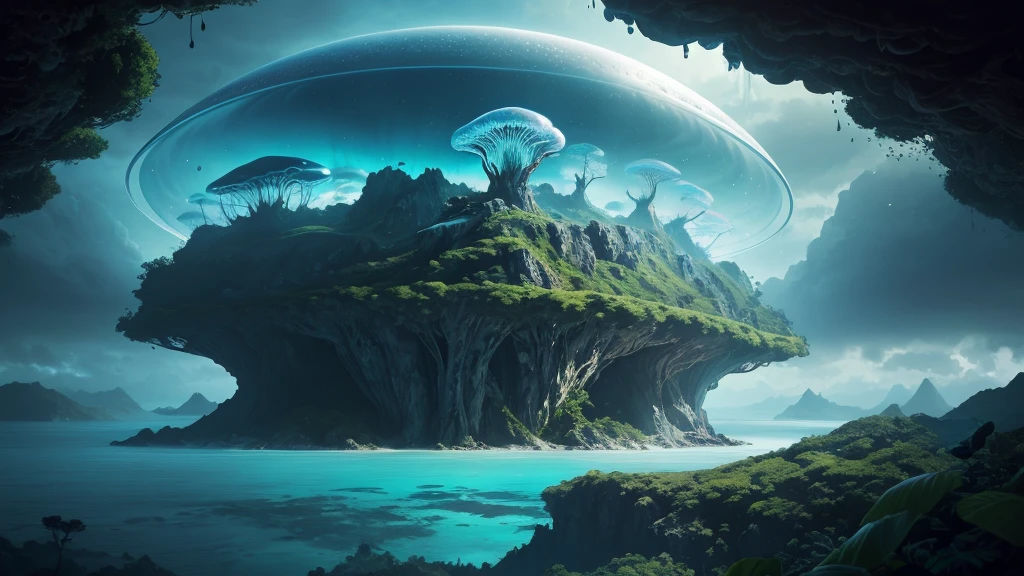 Photorealistic drone photo of a mountain slope mountainside in an alien jungle on the ocean shore. In the center of the picture is a women. She stepped on a lonely unknown planet, A certain visible and invisible oceans stretched before the eyes of the astronaut, boasting a variety of shades from turquoise to deep blue. Islands, covered with strange and magical trees, shone on the surface of the water, Like little gems. Kodak ektar film, 35mm photography, professional lighting, deep aesthetic, microscopic details, contemporary art, dreamlike surrealism, The scene is epic and mysterious, reminiscent of the X-Files, dreamy, ethereal, ultra-detailed, Strong contrast, Good depth of field, 8K wallpaper, Masterpiece, Aesthetic illustration in realistic style, Dark Clouds almost completely covered the sky, the air is very humid, urgently outside, In the background, huge, incomprehensible but interesting and exciting jellyfish-shaped capsules grow from the ground into the sky, alien structures look like jellyfish in the background