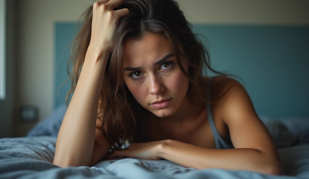 Retrato de uma adolescente fofa de 15 anos com um rosto perfeito e bonito, russo, de calcinha, na cama (estudo privado escuro, escuro, Atmospheric Light: 1.2), mamilos duros