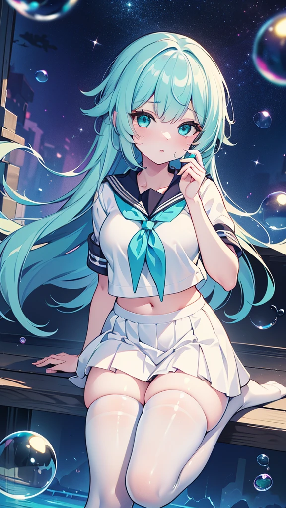 (masterpiece), (best quality), (official art, extremely detailed CG unity 8k wallpaper), (highly detailed), ((absurdres)), 1girl, mid shot, (exquisite facial features),(serafuku:1.3) ((sfw)),((clear hands)), ((white thighhighs without shoes)),aqua eyes, color contact lenses, stars in the eyes, (((colorful bubble))), colourful glass, (album cover)