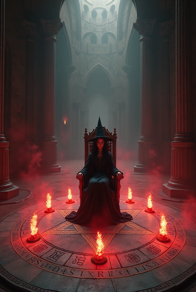 A young witch in a dark hall,with a little red smoke, sitting on a throne in the middle of a huge hexagram with candles around it