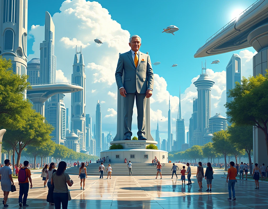 Create an illustration of a bustling modern big city with a monument of President López Obrador in the center in the futuristic world