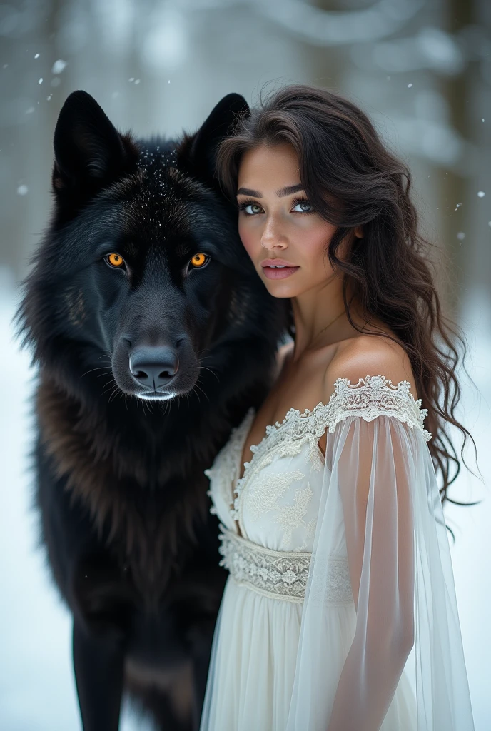 high resolution, masterpiece : 1,2), (realistic : 1,37), (best quality, high resolution, ultra-detailed girl, realistic) Fille aux yeux marrons verts (noisettes) and very dark brown, wavy, almost curly hair falling over her shoulders with mixed-race skin. Elle se tient à côté d'un loup noir aux yeux oranges dans un endroit enneigé. Sa peau est métis. Elle ne sourit pas mais est très belle. She wears a white dress that clings to her skin..