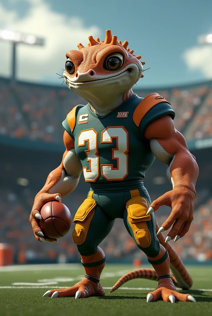 Gecko musclé en footballeur americain (lanebaker ) avec un casque en numéro 33 avec en fond un stade