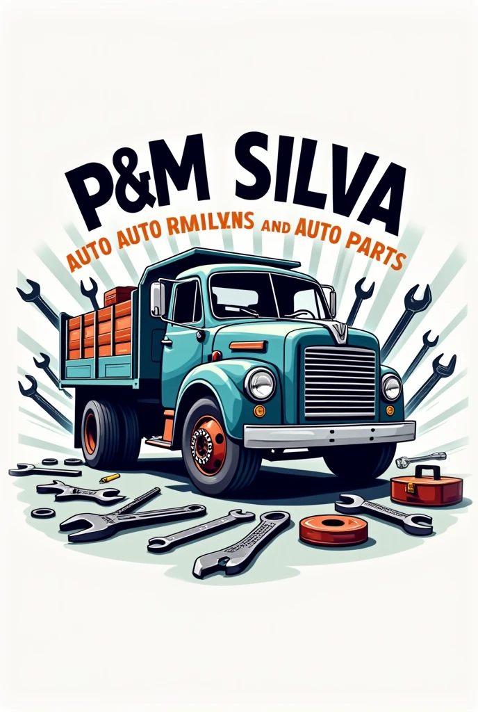 Written logo P&M Silva auto mechanics and auto parts with image of a truck and tools 
