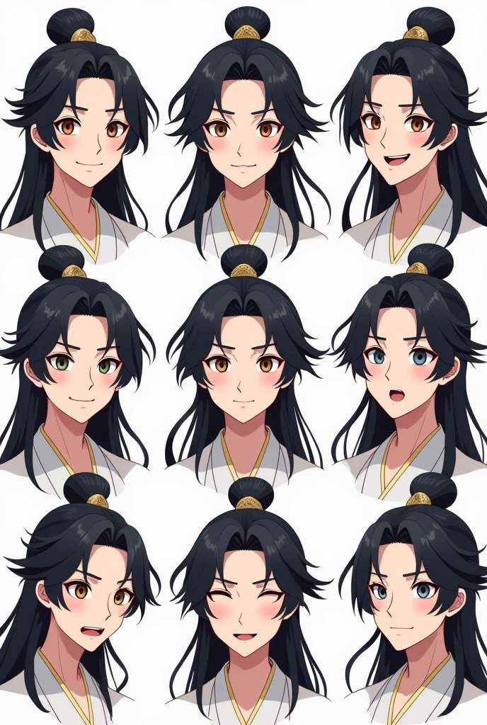 You can create a male character as similar as possible to my drawing but more anime style and on a white background? This character is Korean from the Joseon Dynasty era., He has long black hair, Honey-colored eyes between light and a little dark, slanted eyes like a feline, you are pale, slightly pink lips, In the last two portraits she is wearing a hat called Gat Coreana, make the same portrait of my image, each frame/image I want it to have a different expression;
In the first frame of the image on the left is normal calm expression,
In the second frame of the image on the right he is smiling,
In the third frame of the image on the left he is sad with tears,
In the fourth frame of the image on the right he is completely serious,
In the fifth frame of the image on the left he is blushing,
In the sixth frame of the image on the right he is angry,
In the seventh frame of the image on the left he is blushing and shy,
In the eighth frame of the image on the right he is surprised,
In the ninth frame of the image on the left he is wearing the Korean Gat hat with a calm expression and blushing,
and in the tenth frame of the image on the right he is wearing the Korean Gat hat with a calm expression and closed eyes.
