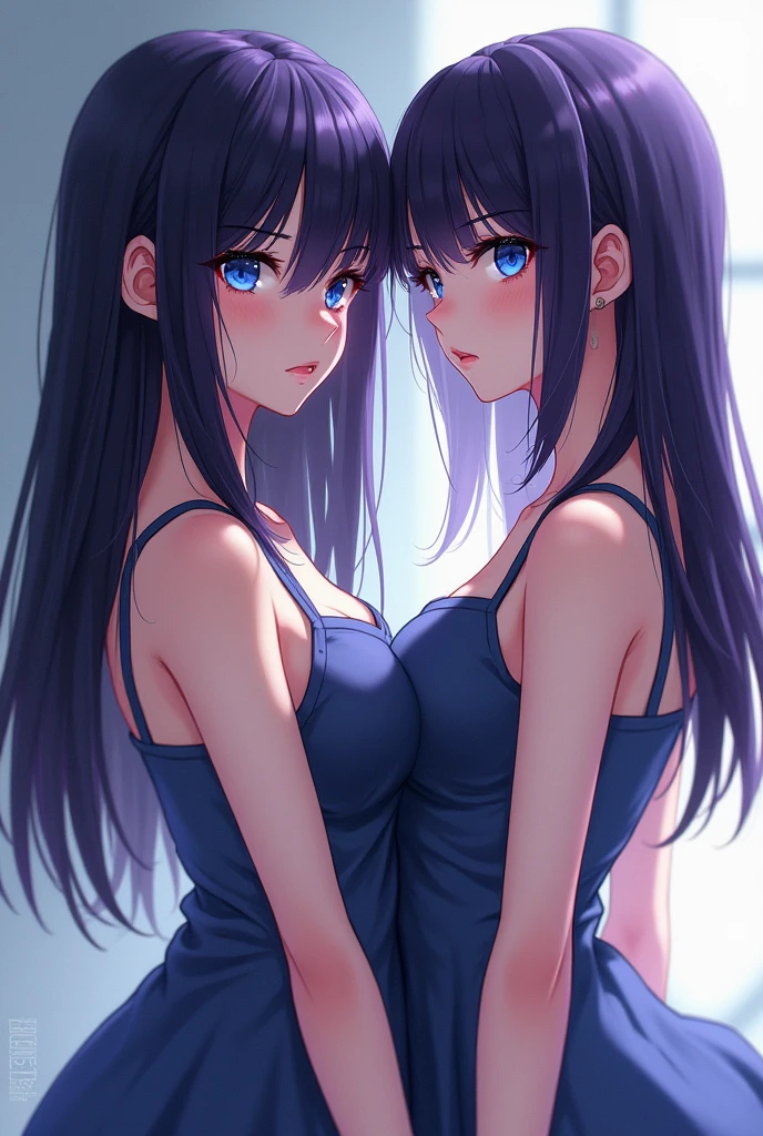 2 anime version girl, Dark purple hair, waist length, Cup size D, slim, White skin, blue eyes