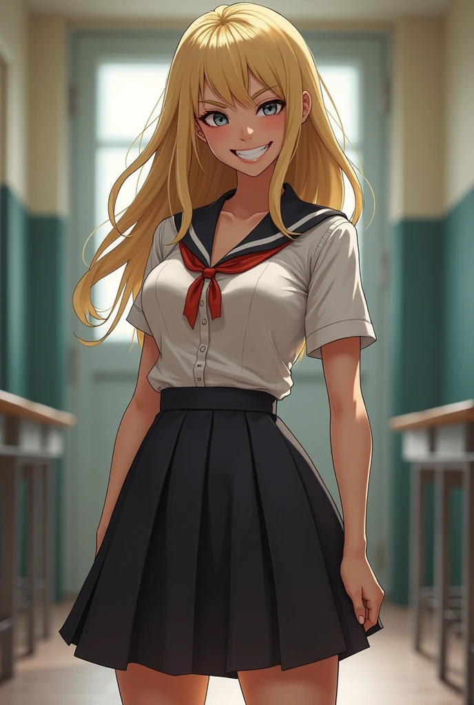 School girl , blond hair , grey eyes , arround 5 feet 4 with big boobs and big ass , she’s smilling like she’s laughing at me and she look mean , typical bully she’s wearing typical girl school u ifor