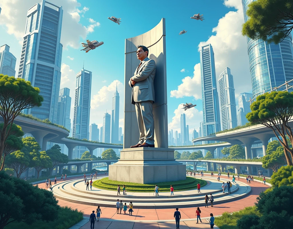 Create an illustration of a bustling modern big city with a monument of President López Obrador in the center in the futuristic world