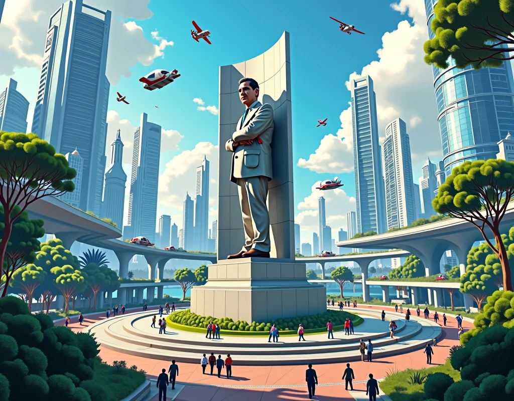 Create an illustration of a bustling modern big city with a monument of President López Obrador in the center in the futuristic world