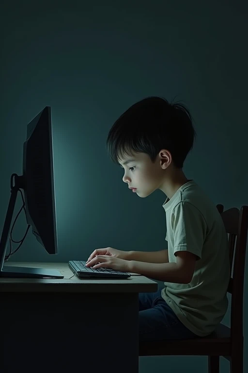 An 1 boy in the room sitting in a chair hungry looking at the computer ( dark surroundings )