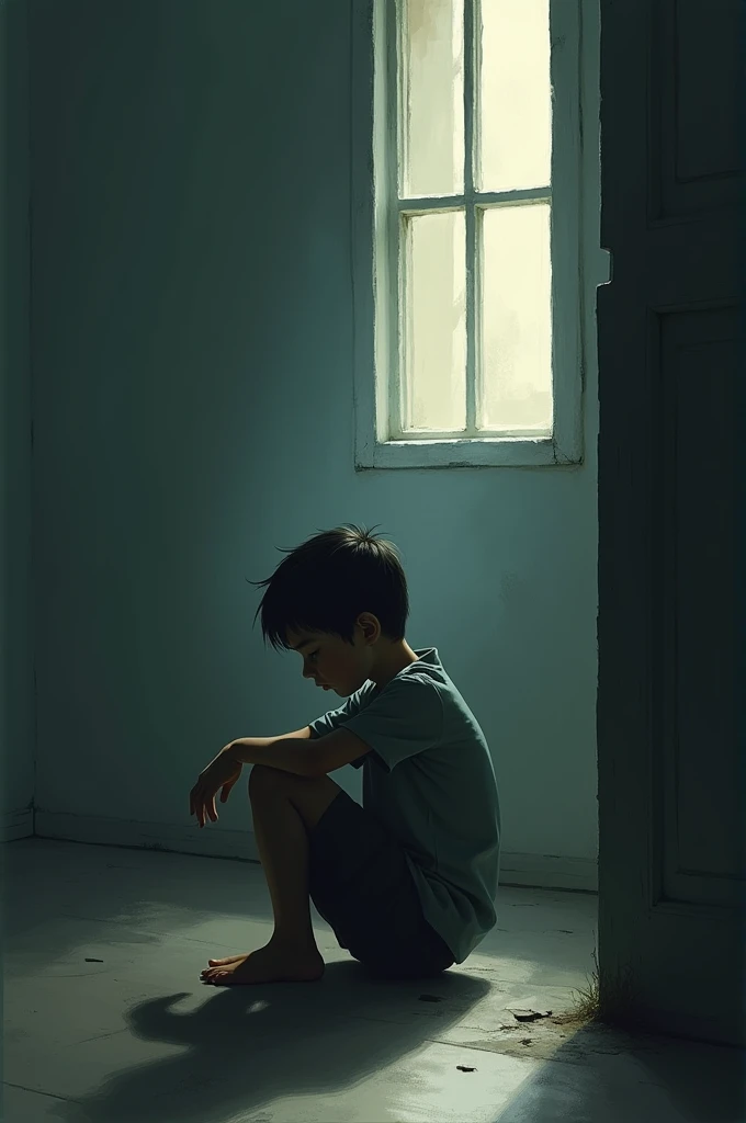 "Create an image of a young boy sitting alone in a dimly lit room. His posture is slumped, and his expression is downcast, reflecting a deep sense of sadness. The room is sparse, with minimal decoration, and the light filtering through a window casts soft, melancholic shadows around him. The overall mood should convey a feeling of solitude and introspection."
