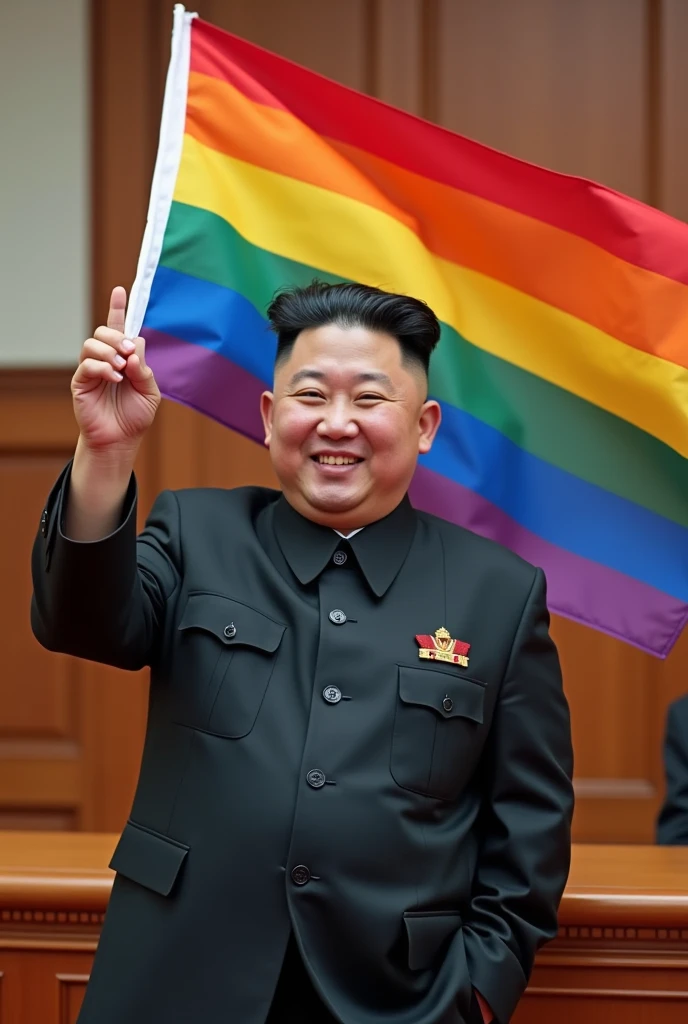 Kim jong un hold the Lgbt flag in his hand