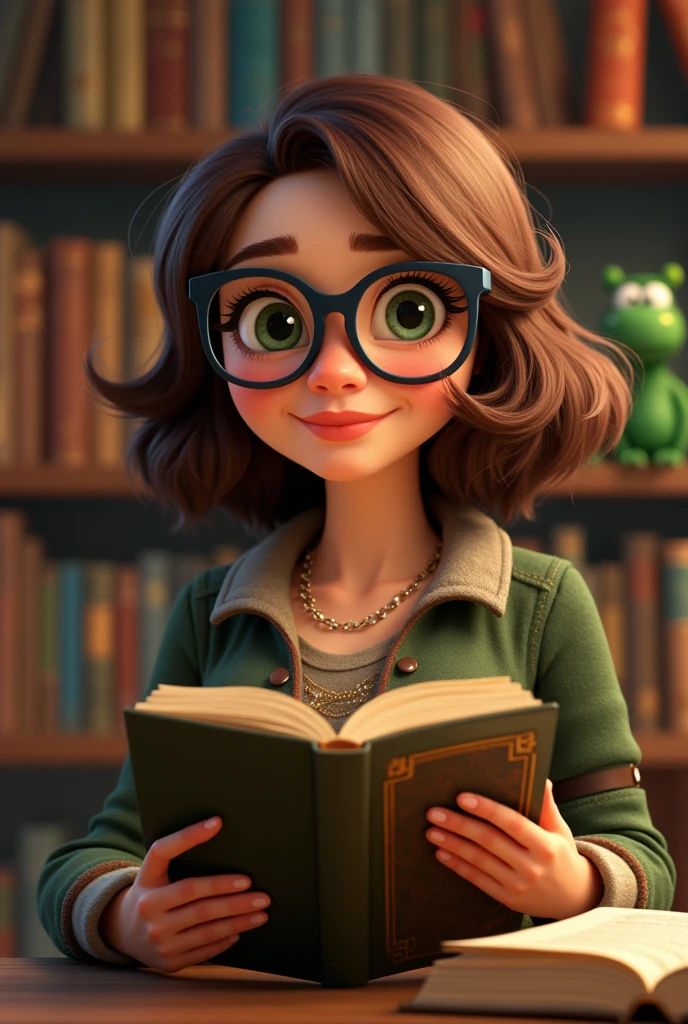 a plump woman with large glasses and green eyes , brown bob that looks a bit cheeky and happy. she is surrounded by books, Dragons, Feen, princes, etc. In Pixar style