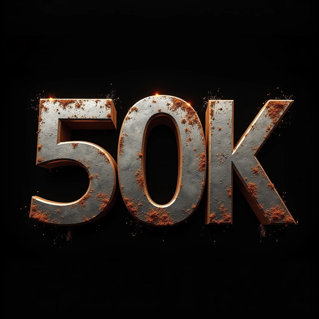 A design poster, (graffiti art, metallic letters, poster saying "50K"). (Another medium tittle "OBRIGADO", "THANK YOU", "GRACIAS"). It features a graffiti art with metallic letters, black background. The tittle is in bold, graffiti style typography with a catchy tagline, "An Epic Adventure". ((small tittle "GUSTAVO YABAI"))