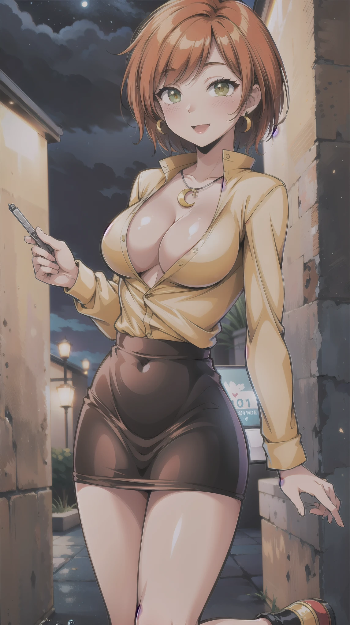 ((super high quality,))((Ultra-high resolution,))(16K,)(super masterpiece,)((Ultra HD ,))(Detailed shading,)One sexy woman,Brown short hair bouncing out,popped Tight collar Yellow shirts,No bra,Long sleeve,Cleavage,Black tight skirt,Crescent-shaped earrings,Crescent Necklace,Ecstatic smile,blush,Lean forward diagonally,Entrance at night,