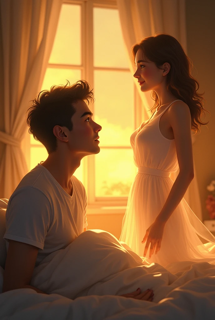 Prompt 2: The scene depicts a cozy bedroom bathed in warm golden light. A young man is sitting up in bed, looking surprised yet delighted, as he imagines seeing a woman by his bedside. The woman is not really there but appears as a faint, dreamy figure with a tender smile, wearing a flowing dress that seems to shimmer in the golden light. The man’s face shows a mixture of amazement and happiness.