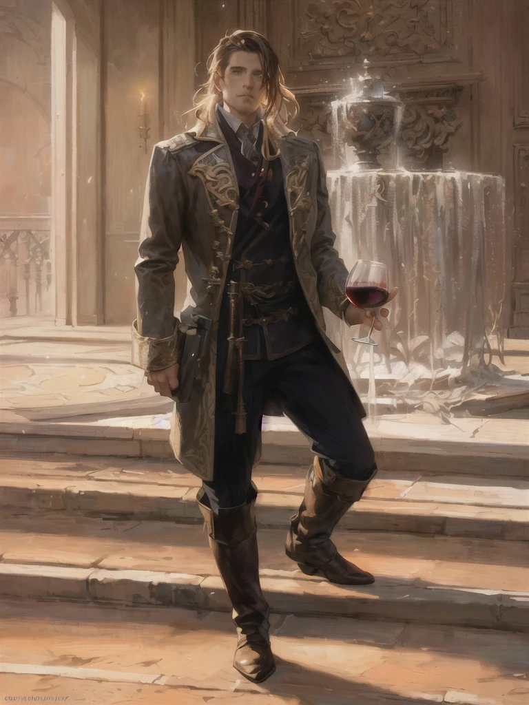 painting of a man in a coat and boots holding a glass of wine, corvo attano, craig mullins style, retrato de barbatana wildcloak, magali villeneuve', artista gráfica magali villeneuve, chave escura de craig mullins, inspired by Mirabello Cavalori, Craig Mullins Spotted Lighting, inspirado em magali villeneuve, style of donato giancola