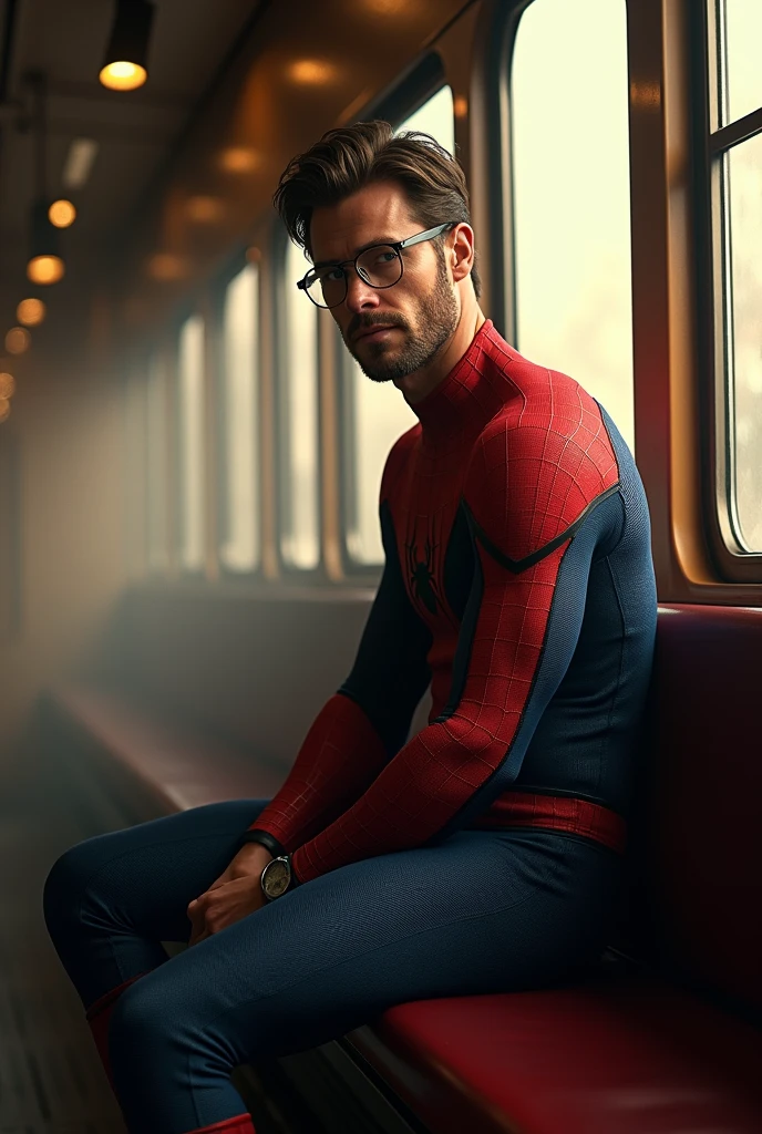 (Best quality, Ultra detailed, Golden ratio, Masterpiece:1.2), Theatrical lighting:0.7, Photo of a Chris Hemsworth, dressed in a Spider-Man suit,  (Highly detailed skin), Hide your mouth with your hands、Ridicule, skin texture, Pale skin, shiny skin, (thin, large size:1.2), [:(Sharp focus on rare face, perfect eyes:1.2):0.2], photorealistic, film grain, Put one foot forward、from below looking up、look at camera、Emphasize the shoulders, Focus on face、Stockings、glasses、Smile with corners of mouth raised、disdainful expression, summer haze, muted colors, muted warm colors, Photo cinematic portrait of a woman dressed in a striped dress sitting by the window in the early morning, cinematic, (tilted:1.3) (on an old train) look cautious, standing under a spotlight, volumetric dust clouds, key light, backlight, soft natural lighting, photography Film grain ISO 400 30 mm lens RAW f1.8 aperture, highly detailed (analog photography:1), colors hdr