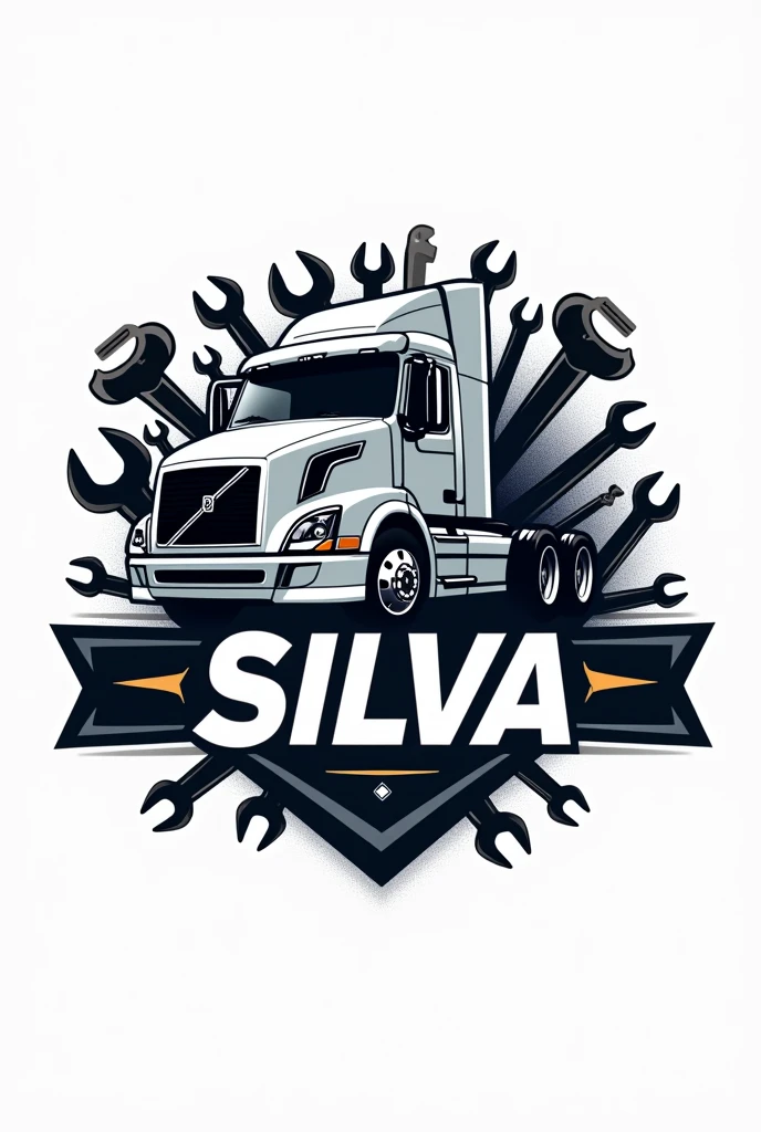 Written logo P&M Silva with image of a truck and tools