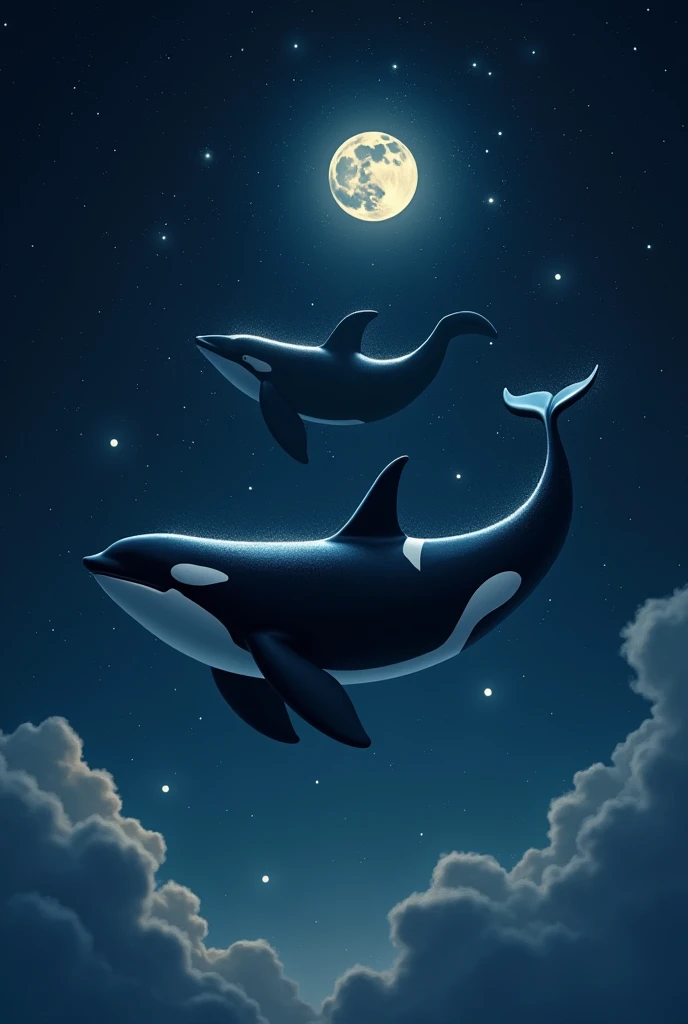 An orca swimming in the sky with a whale , it&#39;s dark and there&#39;s the moon and stars 