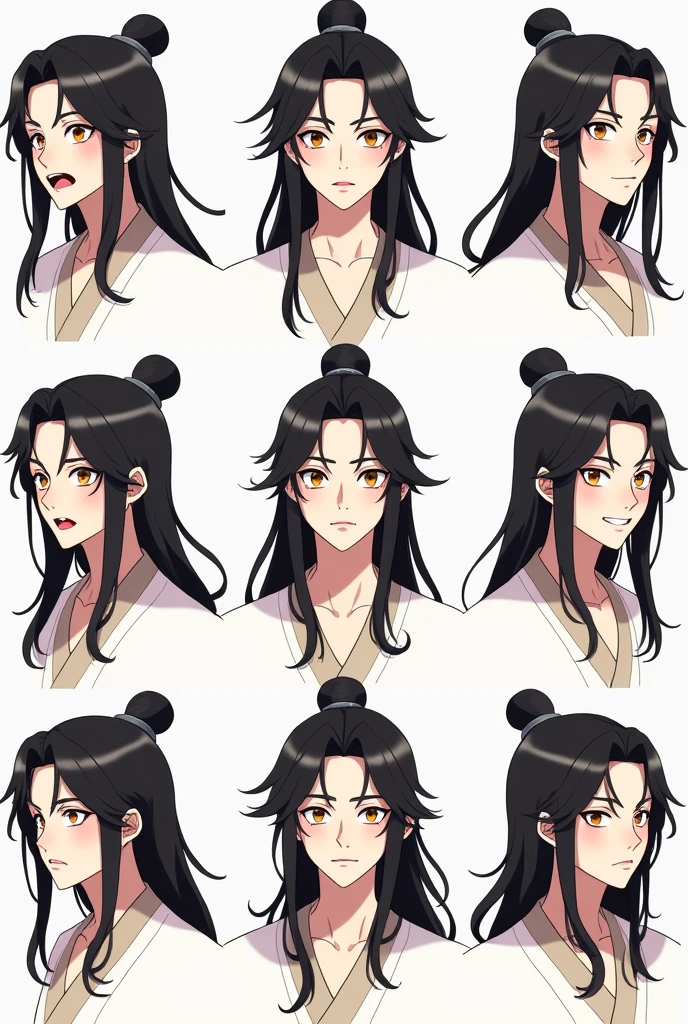 You can create a male character as similar as possible to my drawing but more anime style and on a white background? This character is Korean from the Joseon Dynasty era., He has long black hair, Honey-colored eyes between light and a little dark, slanted eyes like a feline, you are pale, slightly pink lips, In the last two portraits she is wearing a hat called Gat Coreana, make the same portrait of my image, each frame/image I want it to have a different expression;
In the first frame of the image on the left is normal calm expression,
In the second frame of the image on the right he is smiling,
In the third frame of the image on the left he is sad with tears,
In the fourth frame of the image on the right he is completely serious,
In the fifth frame of the image on the left he is blushing,
In the sixth frame of the image on the right he is angry,
In the seventh frame of the image on the left he is blushing and shy,
In the eighth frame of the image on the right he is surprised,
In the ninth frame of the image on the left he is wearing the Korean Gat hat with a calm expression and blushing,
and in the tenth frame of the image on the right he is wearing the Korean Gat hat with a calm expression and closed eyes.