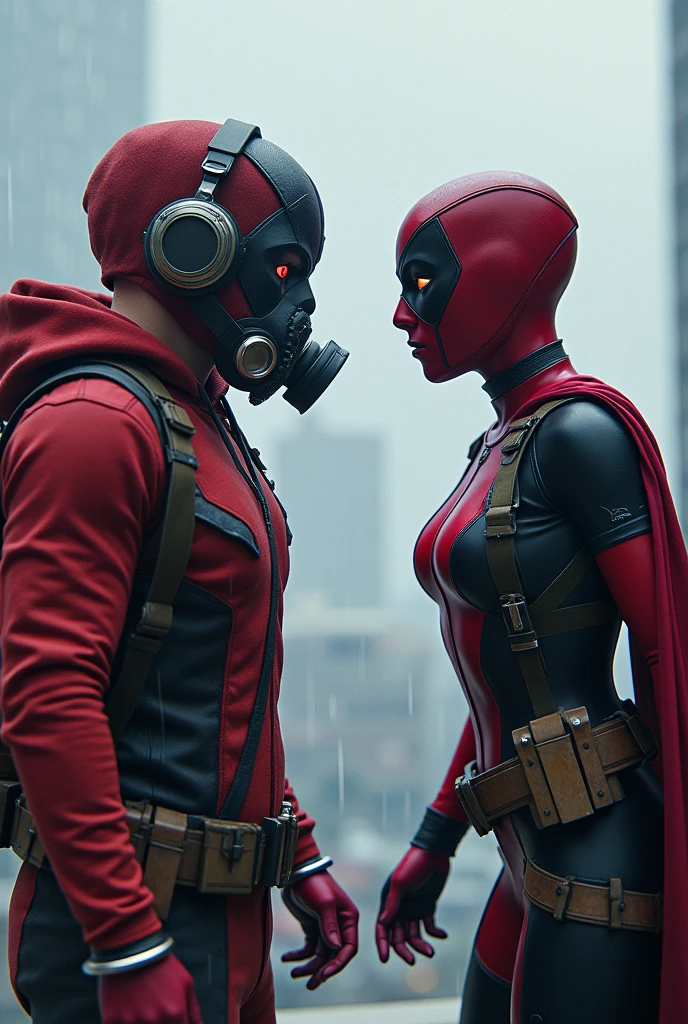 Young Star-lord with red hoodie, headphones, star-lord helmet, gas helmet, covered mouth, round red eyes, Red eyes, magic rings in the hands and rocket boots & Lady Deadpool, Fighting, power, fiction, full body, magic lasso, hight, fall, fire in boots, poweful spells, realistic, helmet, mask, red cape, confrontation, punch, gun, flying in the sky, view of the city from above, rain, fighting, Black gloves, ocean floor, face cover, free hair, front cover