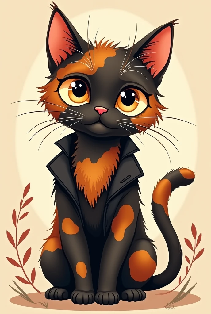 cute feminine Tortoiseshell cat fashionista with a mafia , easy to draw for children