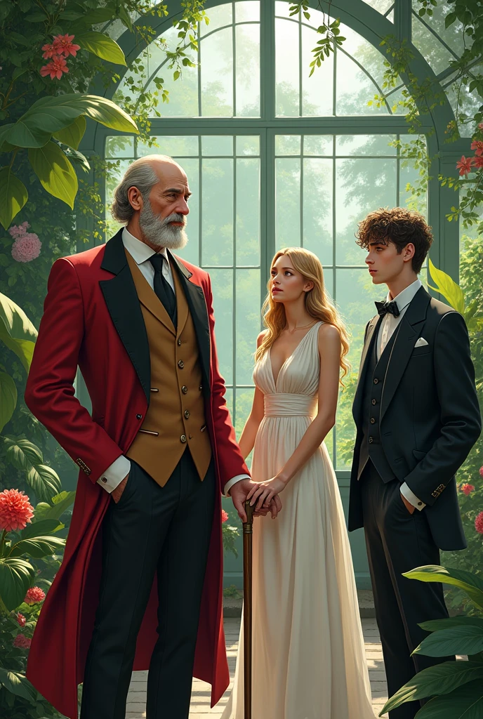 MEETING IN A GREENHOUSE WHERE HARRY IS MEETS AN OLD MAN, WHITE-SKINNED WITH A PADLOCK-SHAPED BEARD AND BROWN HAIR WEARING A RED DUCKTAIL CLOTH SUIT WITH A BROWN VEST WITH A BLACK TIE AND A WHITE SHIRT WITH A BROWN CANE DORIAN A YOUNG MAN WITH WHITE SKIN AND BLONDE HAIR WEARING A DORAMO DUCKTAIL CLOTH SUIT WITH A BLACK VEST AND A WHITE TIE AND A DUCHESS A YOUNG WOMAN WITH WHITE SKIN AND LONG BLONDE WAVY HAIR IN A LONG WHITE DRESS