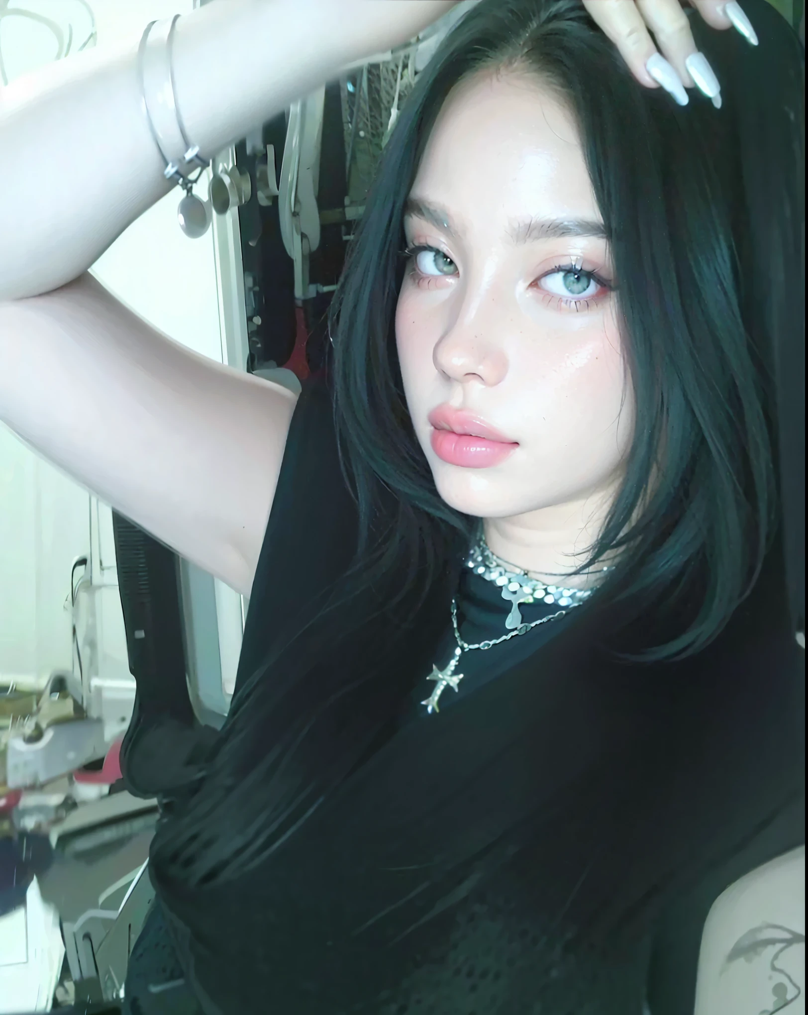 Mermaid eyes, sensuous, latina, Bblack hair, Asian