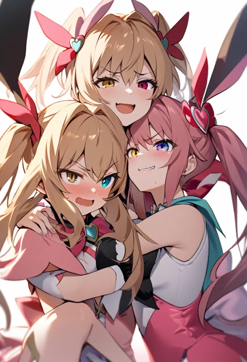 Two girls,Twin-tailed,Chest to chest,hug,Heterochromia,magical girl costume,evil smile,White background,Top image quality,Best Quality