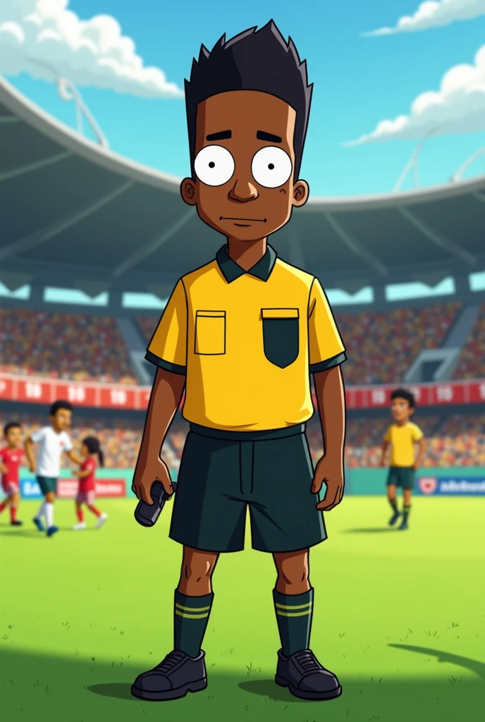 Dark-skinned Apu with his normal Simpsons haircut as a soccer referee
