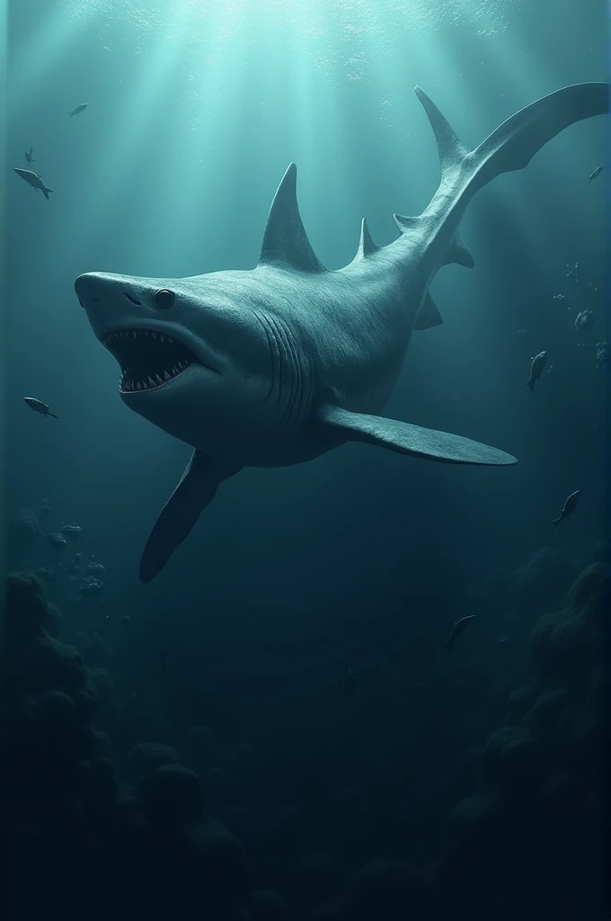 Animation of giant megalodon swimming in the deep ocean]