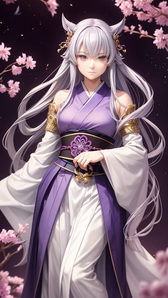 an anime-style female character named Ayame Tsukino. She is  with long, flowing silver hair that reaches her waist, accented by soft lavender highlights that shimmer in the light. Her eyes are a bright, piercing violet, giving her an ethereal and captivating presence. Ayame has a petite and graceful build, standing at about 5'4". Her attire is a traditional kimono with a modern twist, featuring a dark purple color with intricate silver patterns resembling cherry blossoms. She wears a sash with a crescent moon emblem at her waist and carries a small, ornate fan.

Ayame exudes calmness and composure, with a gentle demeanor that belies her strong will and unwavering determination. She has a soothing presence and is known for her wisdom beyond her years. Despite her delicate appearance, she is fiercely protective of her loved ones and deeply compassionate. Ayame is the heir to an ancient clan that has safeguarded sacred artifacts for generations. She is highly skilled in traditional arts and has a deep connection to the spiritual realm. Now, she embarks on a journey to understand and control a hidden power within herself, all while upholding her family’s legacy.