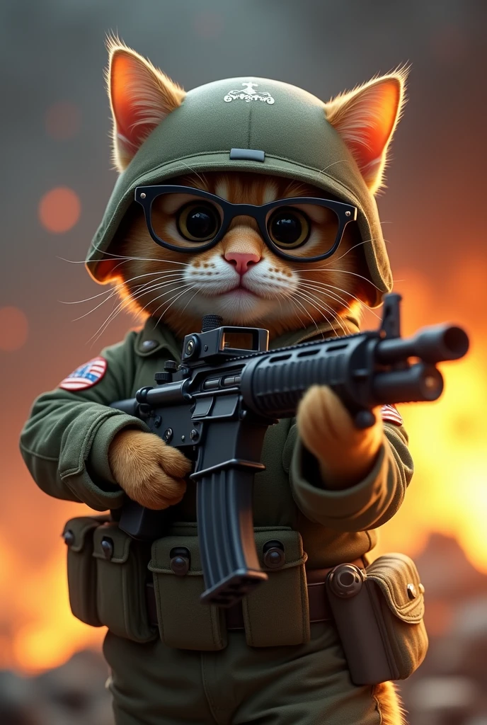 Cute one cat soldiers in uniform and sunglasses steering, big gun, helmet , dark fire background