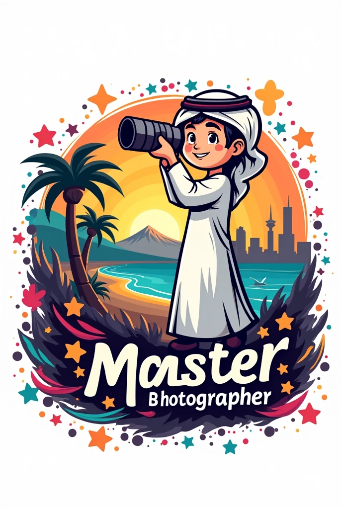 Vector art illustration of an abstract graffiti style logo for "Master Art Photographer". The logo is a cartoon image of a smiling Qatari boy in traditional dress standing on the right taking a picture, holding a telephoto camera in his hand, with mountains, a palm tree and the capital Doha in the background. The background is a vibrant white color. The graffiti style includes elements such as stars, a camera and swirls. The logo also has the text "Master Art Photographer" in the middle of the image.