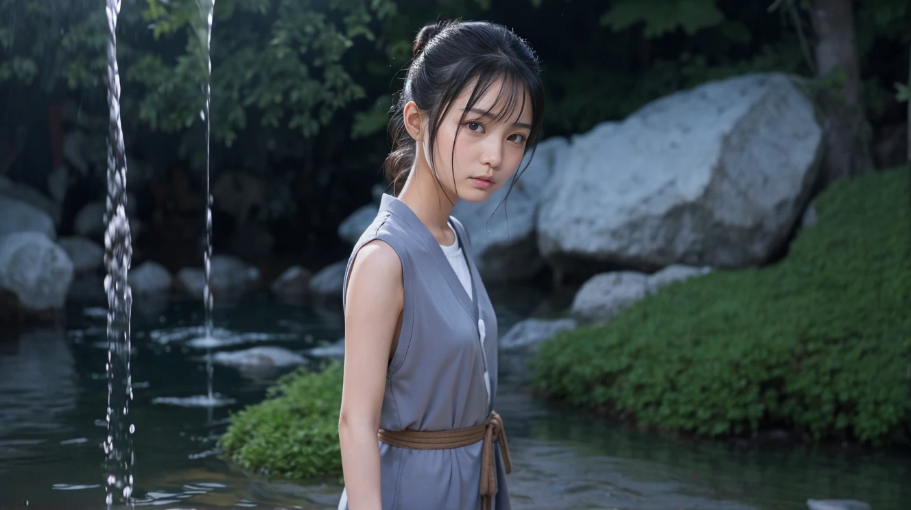 日本人male 高校生 青い服を着ている。Her face is baby-faced, dripping with water, her hair is hanging down with water, her hair is wet and in buns。male、Not a woman。