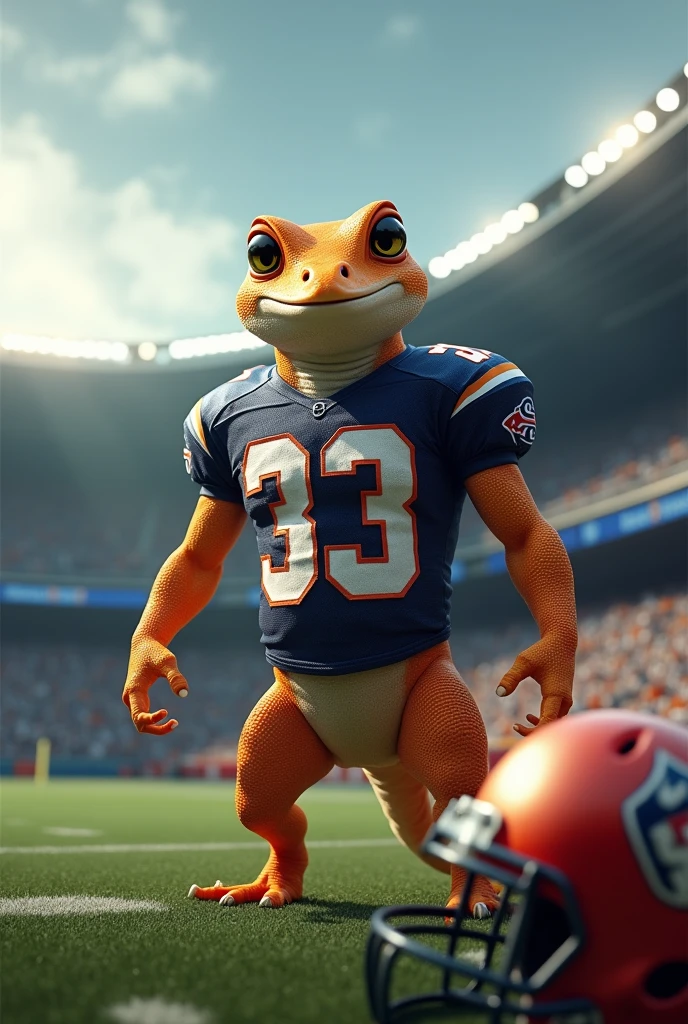 Gecko musclé en footballeur americain (lanebaker ) en numéro 33 avec en fond un stade avec un casque
