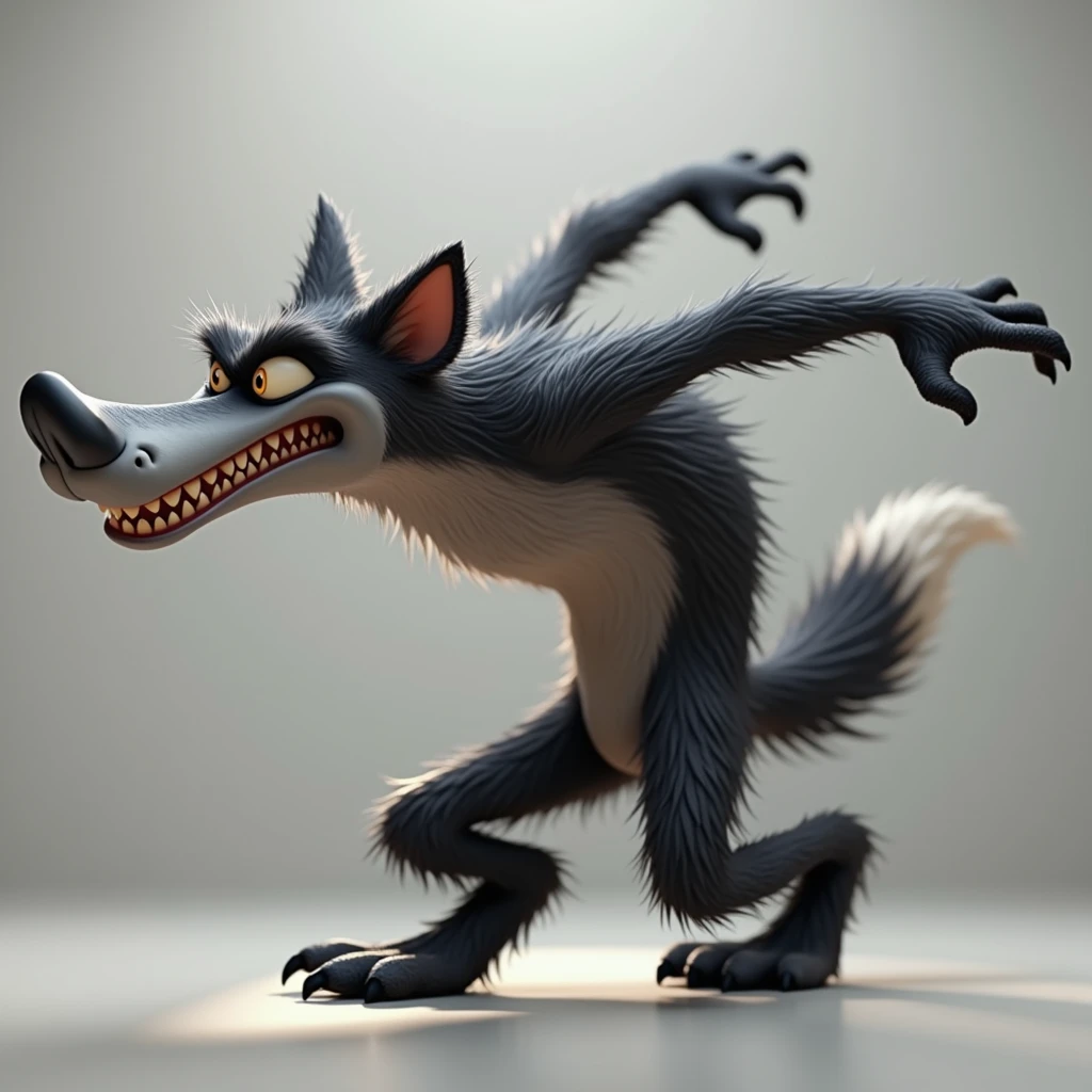 pixar style, sideview of a 3D cute but revengeful mischief black furry wolf with grey snout and belly, with realistic black fur, 3D illustration, captured in a highly exaggerated cartoonish pose ((blowing air from mouth with full force:1.5)). The wolf's cheeks are puffed, lips rounded and eyes closed. The wolf's legs are bent, and its arms stretch backward, emphasizing the comical exertion. The expression on the wolf's face is exaggerated, with closed eyes, furrowed brows, and a humorous intensity. (1male wolf:1.2), (sinister and mischief expression:1.5), dark behaviour, lean build, (disproportionate body long nose and mouth), (realistic fur texture), (jungle background:1.4), sunlight filtering through the trees, (soft lighting:1.3), (green and earthy color scheme:1.3), (highly detailed), (ultra quality:1.3), (masterpiece), (digital art), 8K resolution, HDR, depth of field, (soft shadows), (photorealistic:1.3), (animation:1.2), (by Greg Rutkowski:0.9), (in the style of Alphonse Mucha), trending on ArtStation, award-winning art