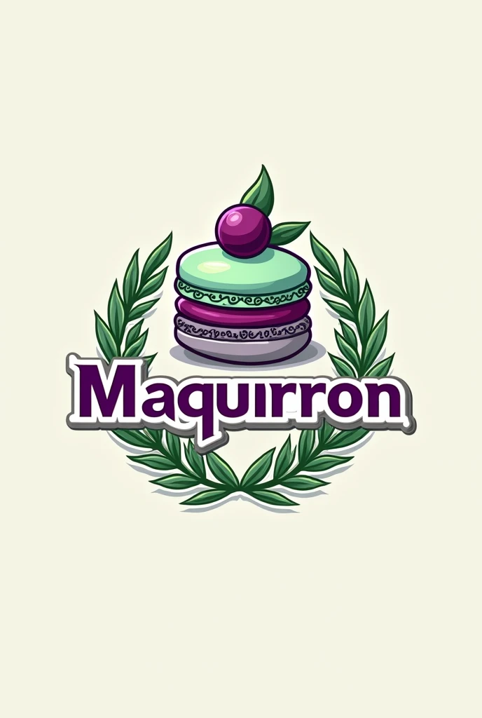 Generate a logo for me to sell a gastronomic product, on a vegan macaron, and add a title that says maquirron with green and purple colors