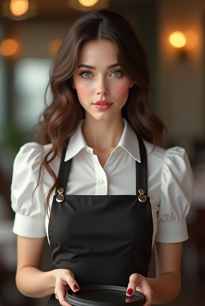 Beautiful brunette with green eyes, beautiful wavy hair,
fine nose, very discreet pink lipstick, Dressed as a restaurant waitress, with your hands in front of you as if you were holding a tray with your palm facing the camera, hyper realist, 4K 