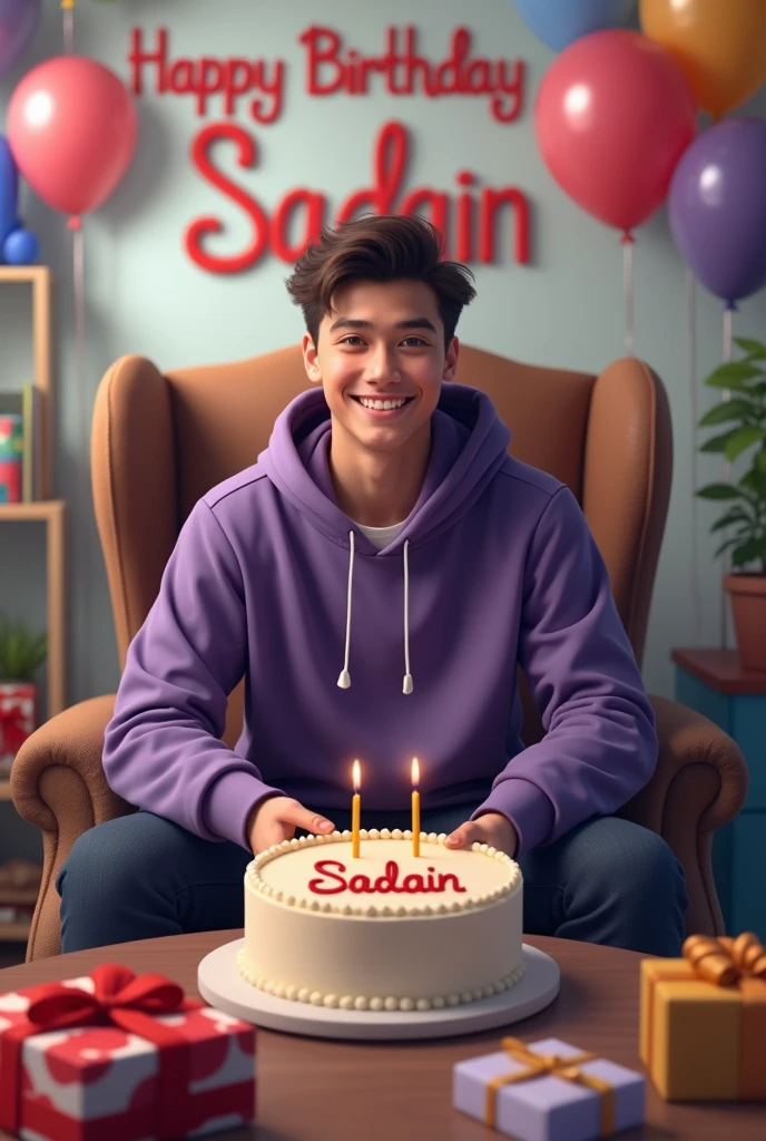 Create a realistic a profile picture where a 20 year old Boy is cutting his birthday cake facing forward in smiling face, purple hoodie, Sitting casually on a Wingback Chair There are giftsIying on the ground along both sides of the chair. and the cake is lying in front of table, my username "SADAIN " written on the cake with Red Color, in my background HAPPY BIRTHDAY SADAIN written with Red Colors, with balloons in different colors attached on the white wall,