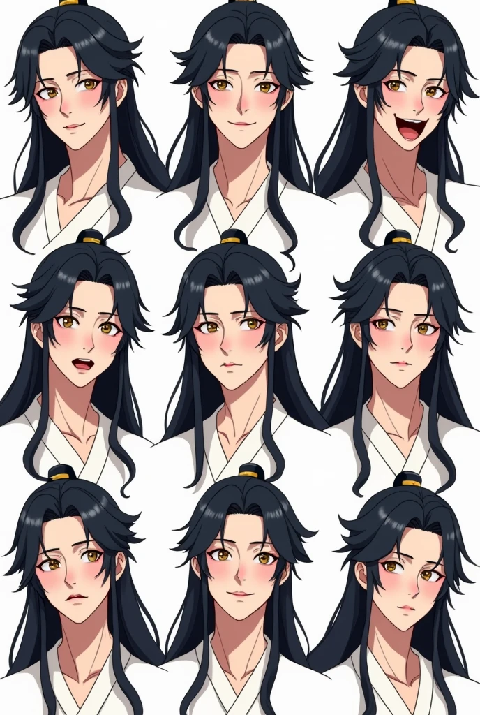 You can create a male character as similar as possible to my drawing but more anime style and on a white background? This character is Korean from the Joseon Dynasty era., He has long black hair, Honey-colored eyes between light and a little dark, slanted eyes like a feline, you are pale, slightly pink lips, In the last two portraits she is wearing a hat called Gat Coreana, make the same portrait of my image, each frame/image I want it to have a different expression;
In the first frame of the image on the left is normal calm expression,
In the second frame of the image on the right he is smiling,
In the third frame of the image on the left he is sad with tears,
In the fourth frame of the image on the right he is completely serious,
In the fifth frame of the image on the left he is blushing,
In the sixth frame of the image on the right he is angry,
In the seventh frame of the image on the left he is blushing and shy,
In the eighth frame of the image on the right he is surprised,
In the ninth frame of the image on the left he is wearing the Korean Gat hat with a calm expression and blushing,
and in the tenth frame of the image on the right he is wearing the Korean Gat hat with a calm expression and closed eyes.