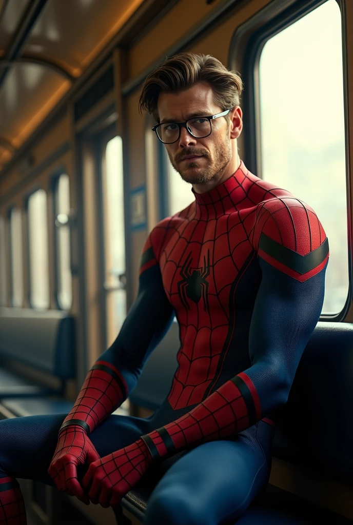 (Best quality, Ultra detailed, Golden ratio, Masterpiece:1.2), Theatrical lighting:0.7, Photo of a Chris Hemsworth, dressed in a Spider-Man suit,  (Highly detailed skin), Hide your mouth with your hands、Ridicule, skin texture, Pale skin, shiny skin, (thin, large size:1.2), [:(Sharp focus on rare face, perfect eyes:1.2):0.2], photorealistic, film grain, Put one foot forward、from below looking up、look at camera、Emphasize the shoulders, Focus on face、Stockings、glasses、Smile with corners of mouth raised、disdainful expression, summer haze, muted colors, muted warm colors, Photo cinematic portrait of a woman dressed in a striped dress sitting by the window in the early morning, cinematic, (tilted:1.3) (on an old train) look cautious, standing under a spotlight, volumetric dust clouds, key light, backlight, soft natural lighting, photography Film grain ISO 400 30 mm lens RAW f1.8 aperture, highly detailed (analog photography:1), colors hdr