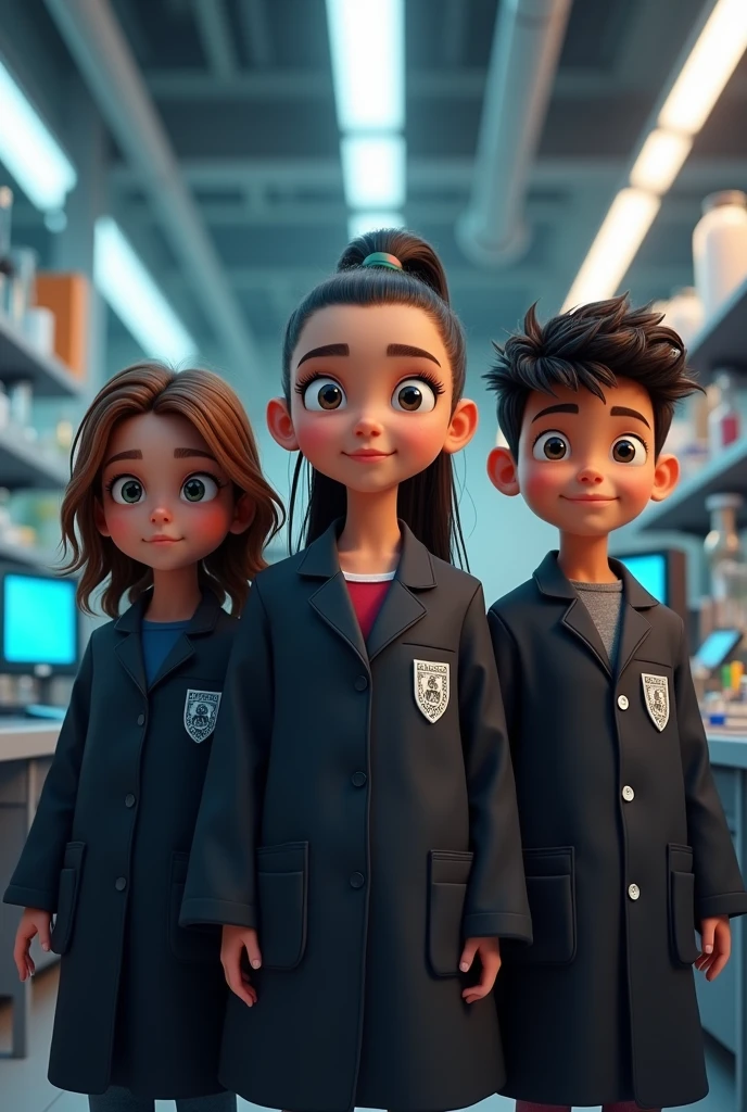 Make a group of three children wearing black lab coats 