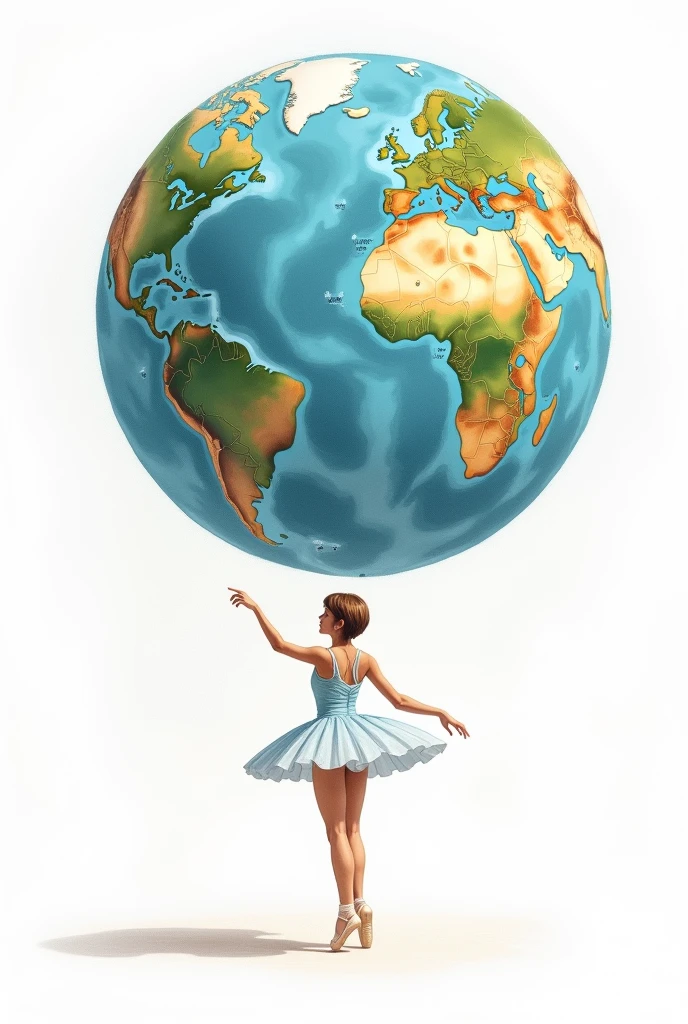 a ballerina pointing to Europe on planet Earth bigger than her big and beautiful than the planet on a white background, the ballerina has short brown hair that tends towards blonde and has slightly darker skin, I want it to look like a drawing