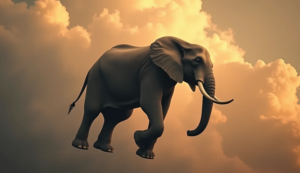 a large elephant skydiving without a parachute, realistic, photorealistic, photo-realistic:1.37, 8k, high quality, extremely detailed, cinematic lighting, dramatic clouds in the sky, sense of motion and speed, majestic and awe-inspiring, warm color palette, volumetric lighting, incredible sense of depth and scale