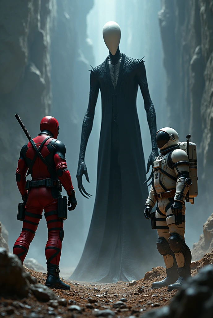 Astronaut, Deadpool and Slenderman fighting a black man