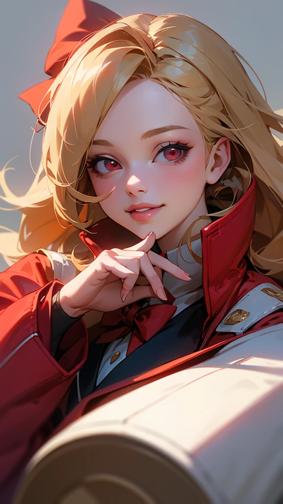 v, 1girl, solo, red jacket, red eyes, blonde hair, lips, bow, looking at viewer, upper body, realistic, smile, long sleeves, hair bow, jacket