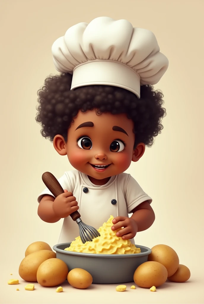 Afro-Brazilian boy , chubby chef hat, making mashed potatoes , only potatoes in the scene